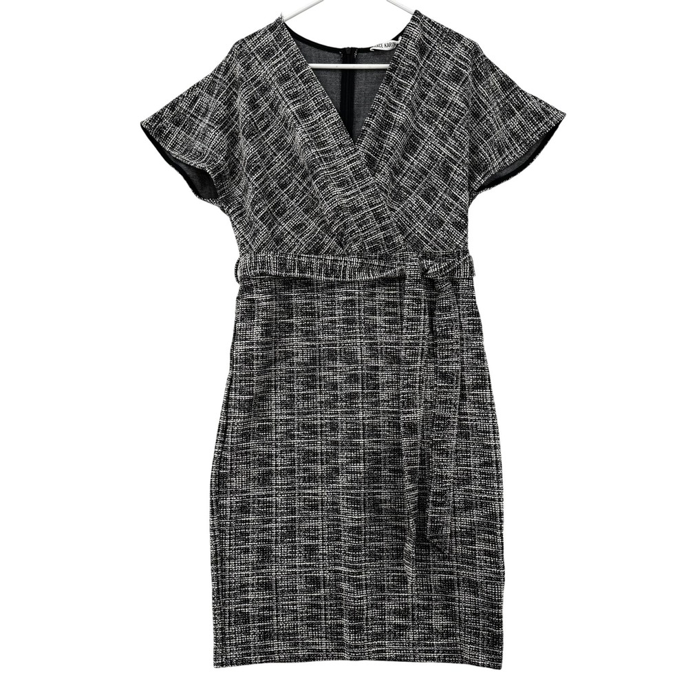 Grace Karin Dress Womens Large Black White Tweed V Neck Belted Sheath Knit NWT